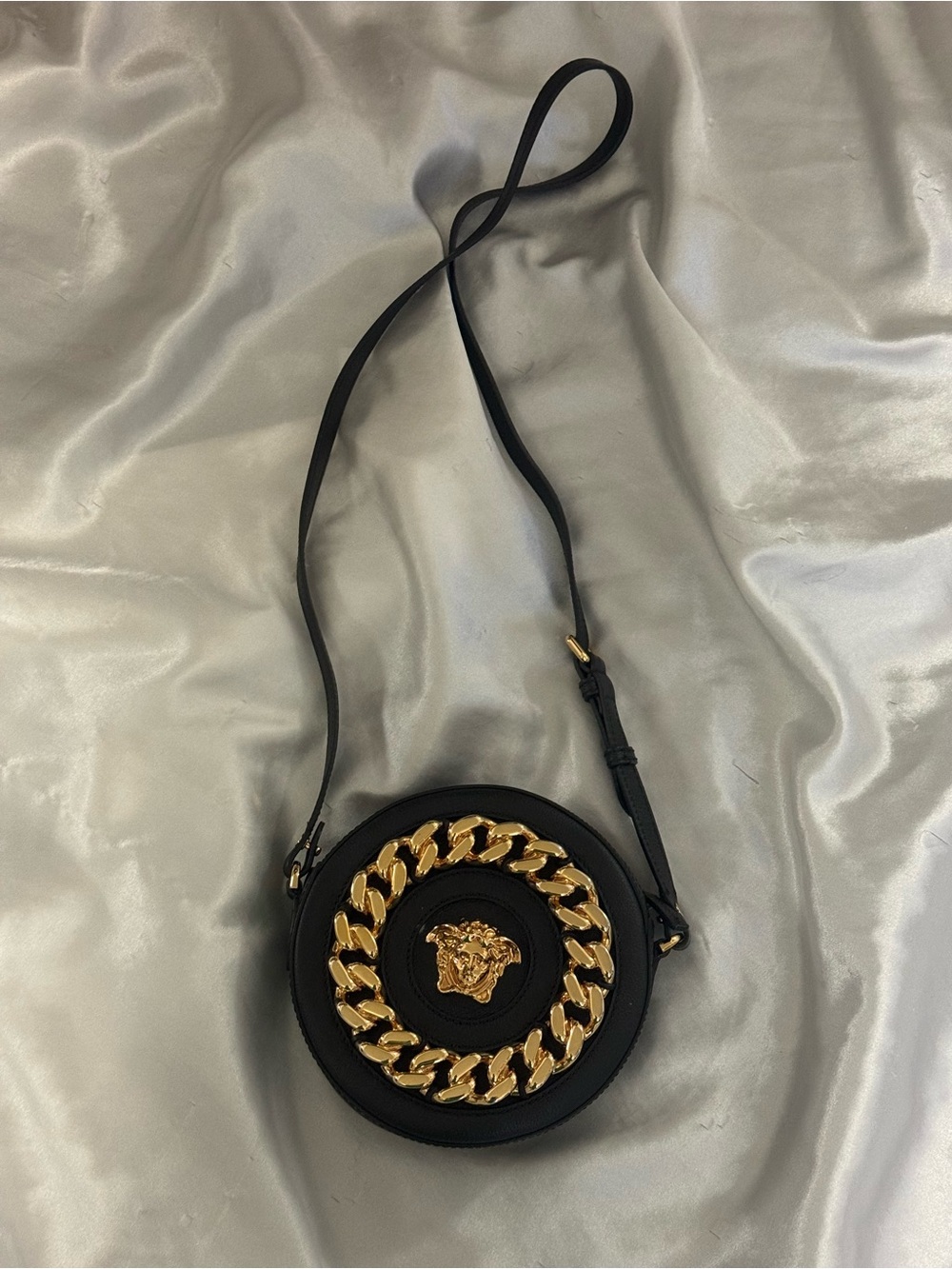 Versace Black Round Leather Crossbody with Gold Chain Medallion